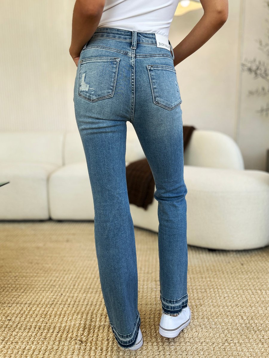 Premium Judy Blue Full Size Mid Rise Destroyed Hem Distressed Jeans