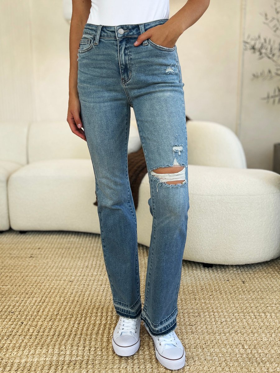 Premium Judy Blue Full Size Mid Rise Destroyed Hem Distressed Jeans