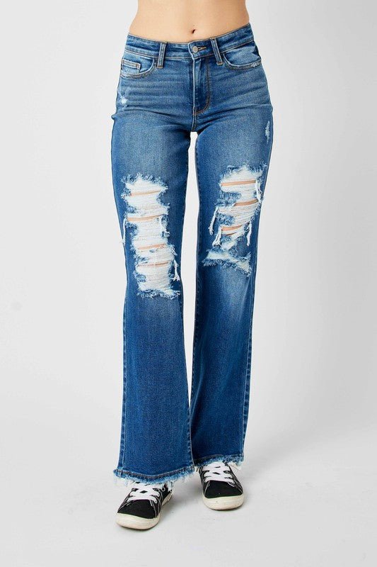 Premium Judy Blue Full Size Mid Rise Distressed Raw Hem Jeans