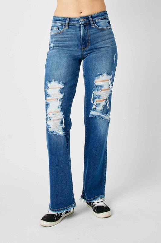 Premium Judy Blue Full Size Mid Rise Distressed Raw Hem Jeans