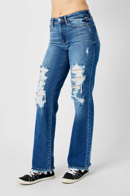 Premium Judy Blue Full Size Mid Rise Distressed Raw Hem Jeans