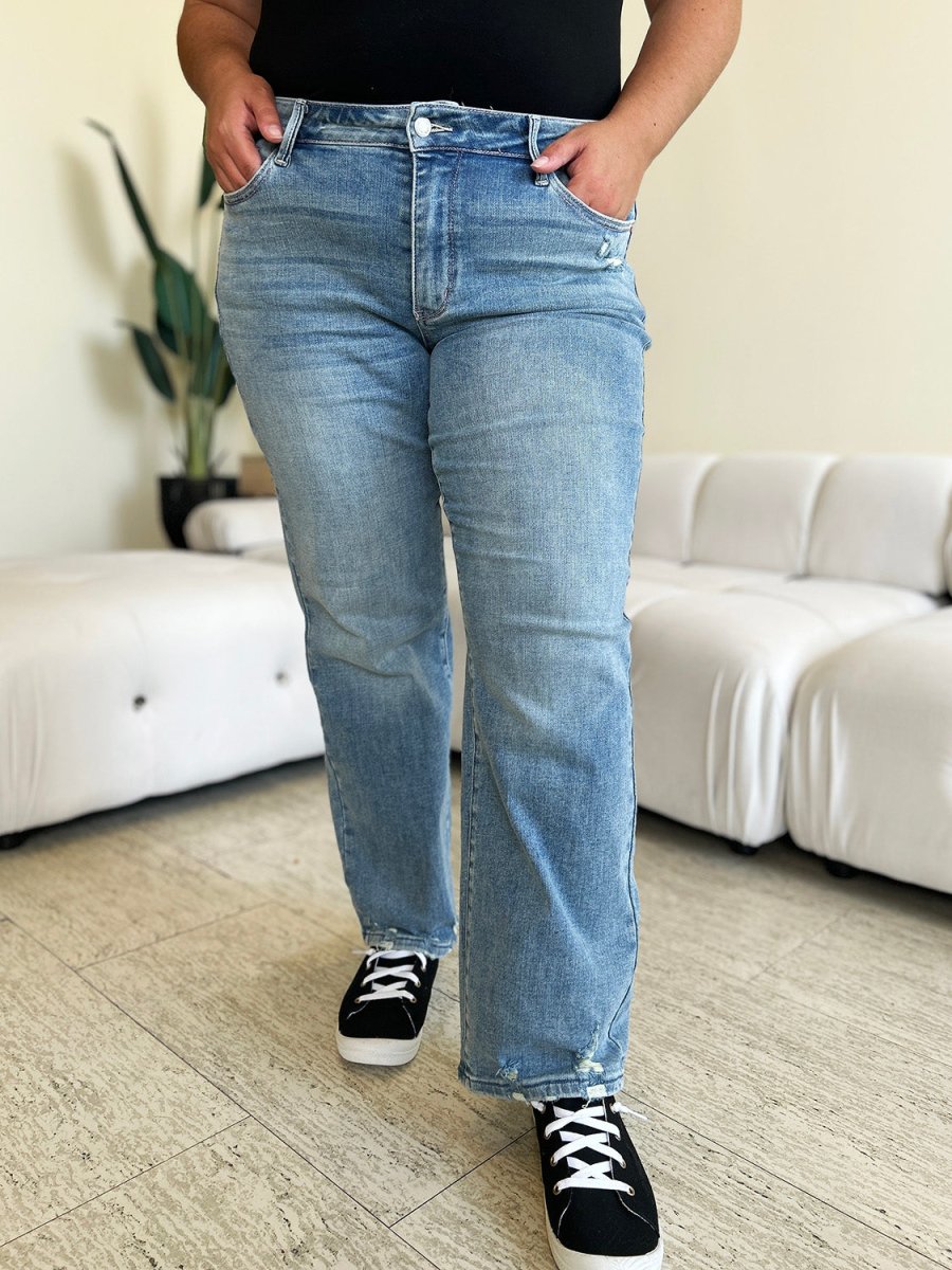 Premium Judy Blue Full Size Mid Rise Distressed Straight Jeans