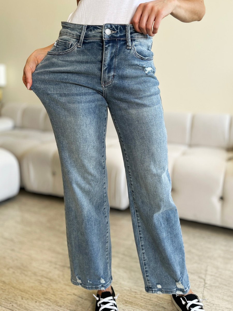 Premium Judy Blue Full Size Mid Rise Distressed Straight Jeans