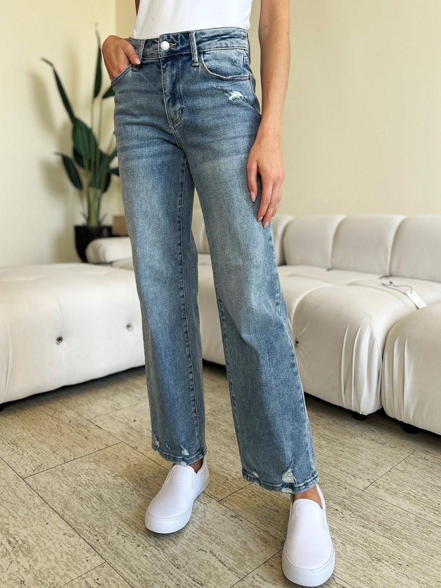 Premium Judy Blue Full Size Mid Rise Distressed Straight Jeans