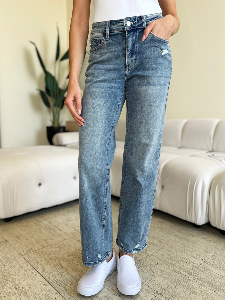 Premium Judy Blue Full Size Mid Rise Distressed Straight Jeans