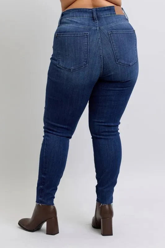 Judy Blue Full Size Mid Rise Skinny Jeans with Raw Hem Plus Size