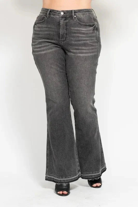Judy Blue Full Size Mid Rise Tummy Control Washed Gray Flare Jeans Plus Size