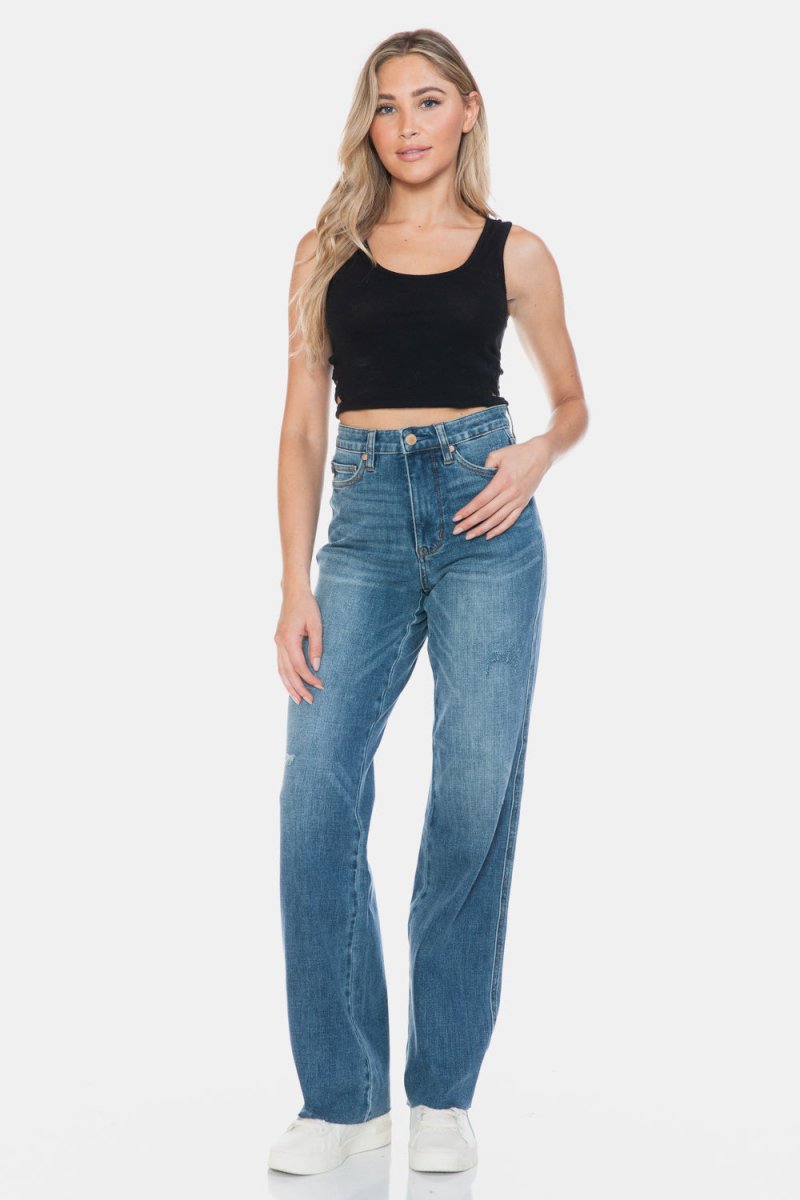 Premium Judy Blue Full Size Tummy Control Cut Raw Hem Straight Jeans