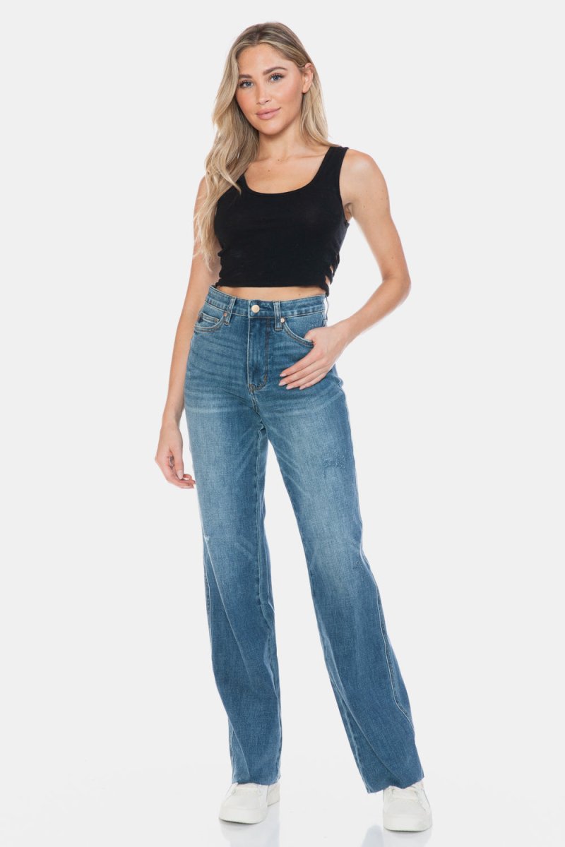 Premium Judy Blue Full Size Tummy Control Cut Raw Hem Straight Jeans