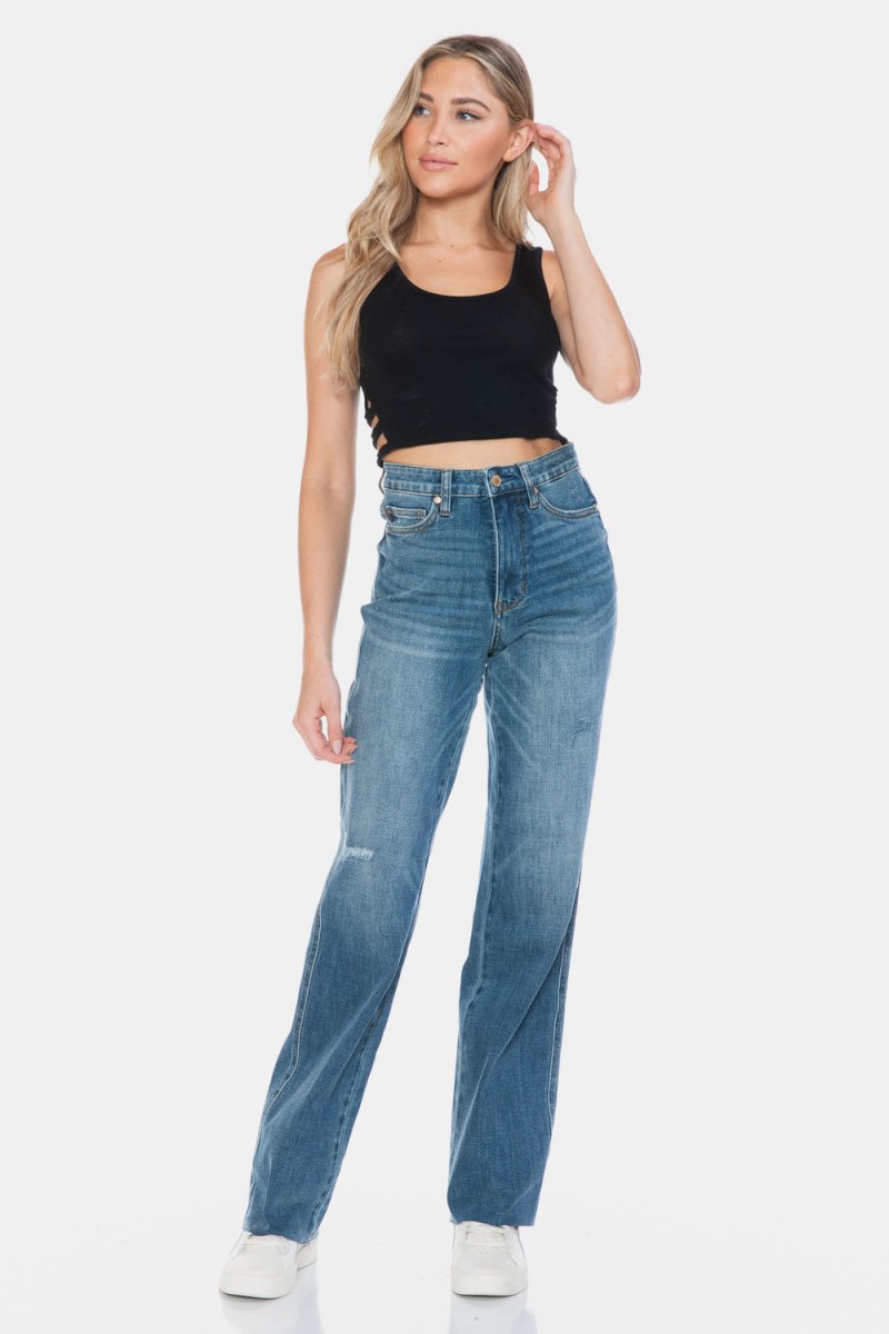 Premium Judy Blue Full Size Tummy Control Cut Raw Hem Straight Jeans