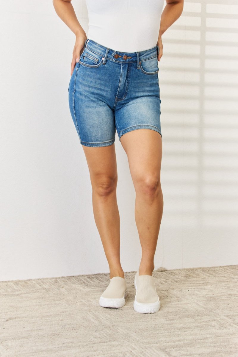Premium Judy Blue Full Size Tummy Control Double Button Denim Shorts