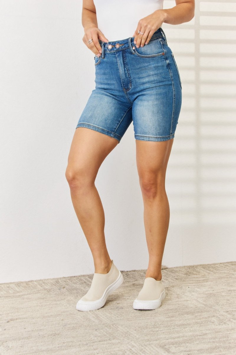Premium Judy Blue Full Size Tummy Control Double Button Denim Shorts