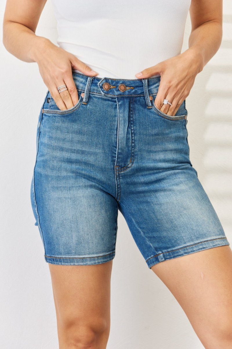 Premium Judy Blue Full Size Tummy Control Double Button Denim Shorts