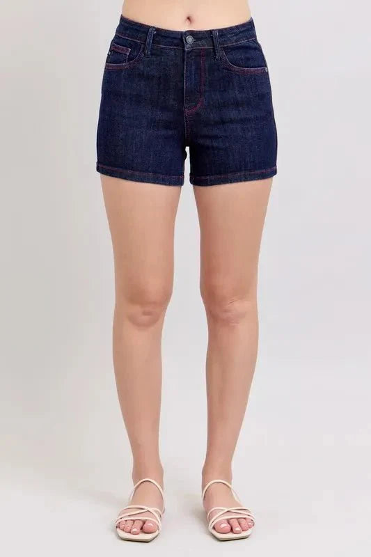 Premium Judy Blue High Waist Heart Shaped Pkts & Red Contrast Thread Denim Shorts