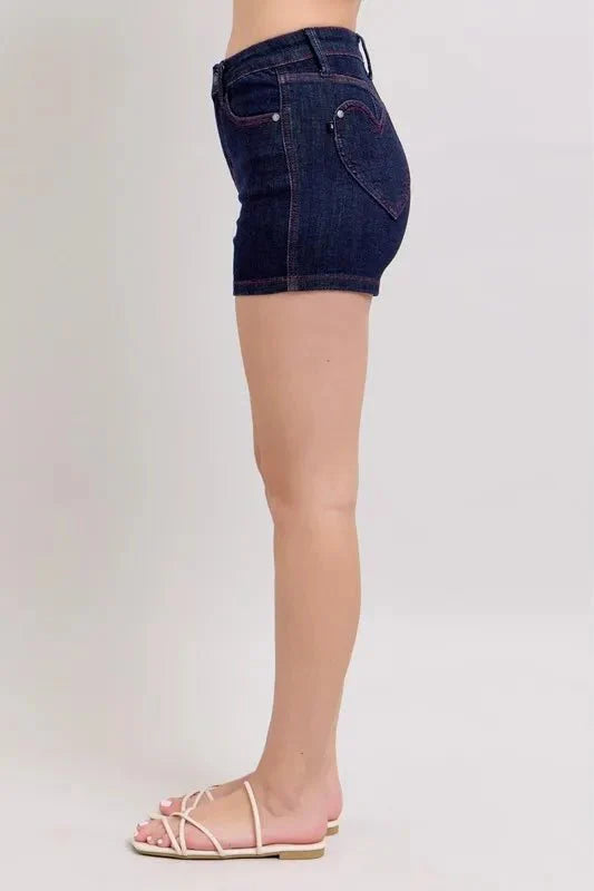 Premium Judy Blue High Waist Heart Shaped Pkts & Red Contrast Thread Denim Shorts