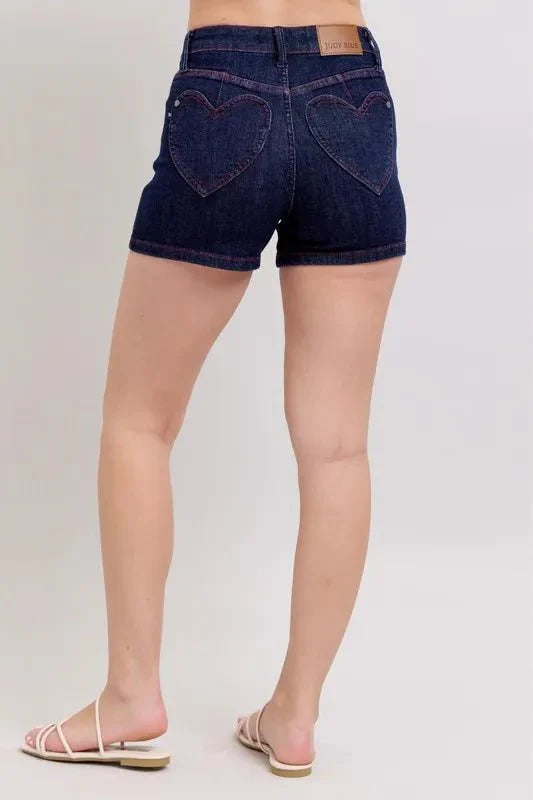 Premium Judy Blue High Waist Heart Shaped Pkts & Red Contrast Thread Denim Shorts