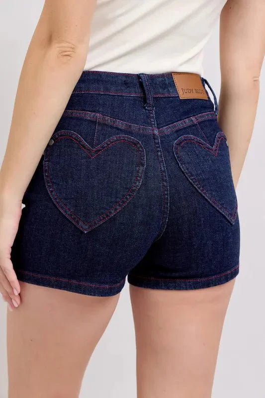 Premium Judy Blue High Waist Heart Shaped Pkts & Red Contrast Thread Denim Shorts