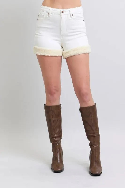Premium Judy Blue High Waist Shearling Cuff Denim Shorts For Summer