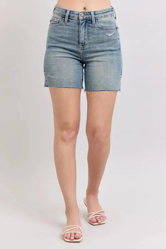 Premium Judy Blue High Waist Vintage Wash Side Slit Denim Shorts