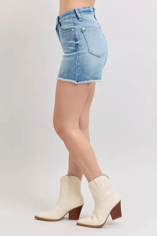 Premium Judy Blue High Waist Western Embroidery Cut Off Denim Shorts