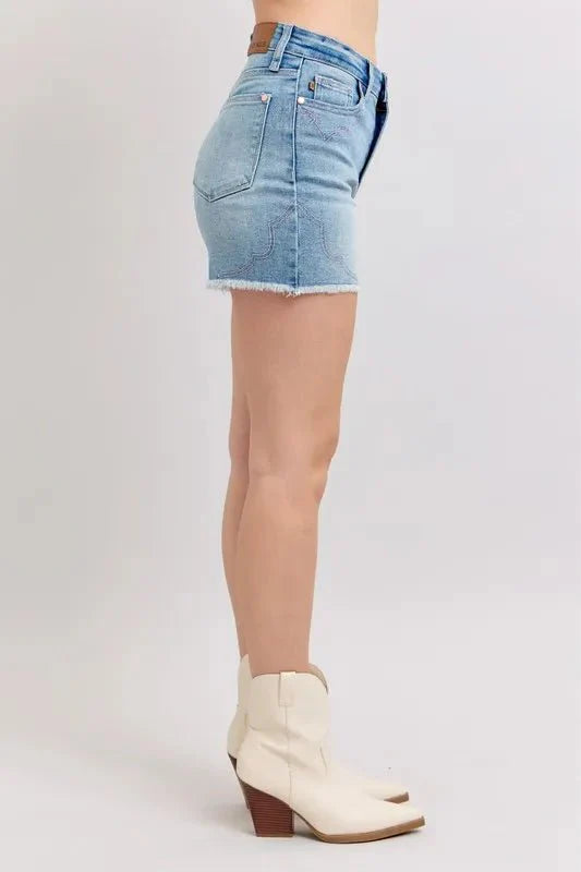 Premium Judy Blue High Waist Western Embroidery Cut Off Denim Shorts