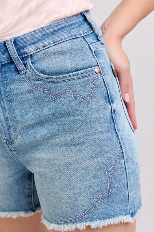Premium Judy Blue High Waist Western Embroidery Cut Off Denim Shorts