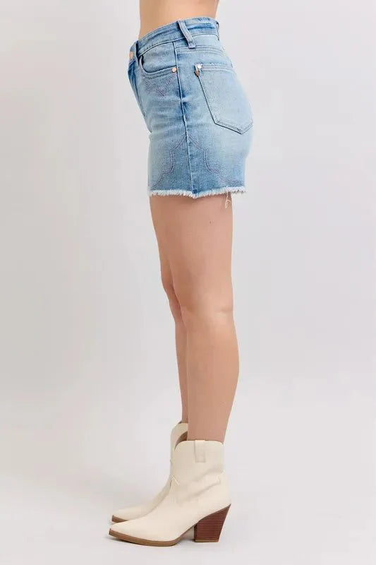 Premium Judy Blue High Waist Western Embroidery Cut Off Denim Shorts