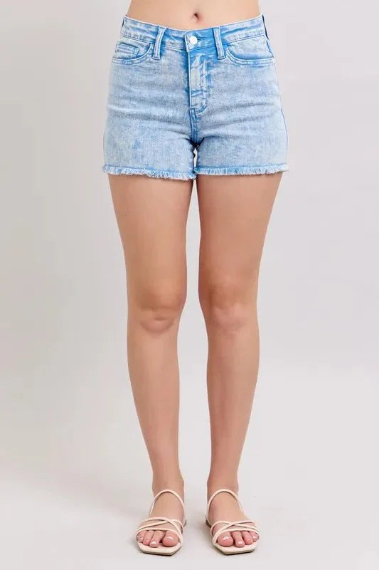 Premium Judy Blue Mid Rise Garment Dyed Denim Shorts for Women
