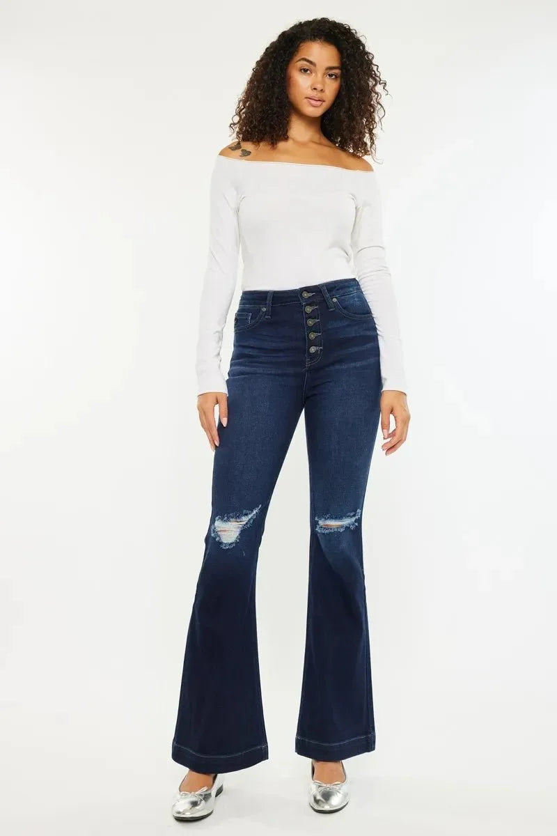Kancan Button Fly High Rise Distressed Flare Jeans Women