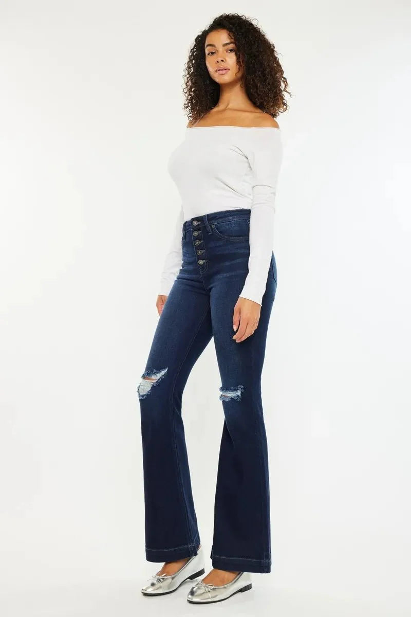 Kancan Button Fly High Rise Distressed Flare Jeans Women