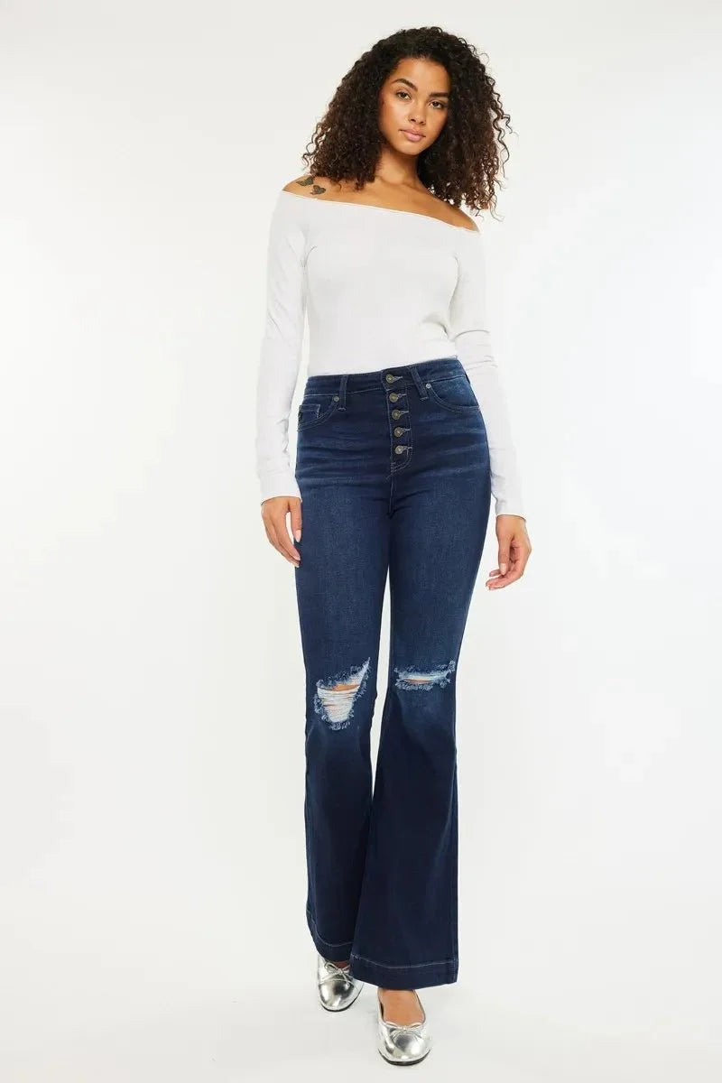 Kancan Button Fly High Rise Distressed Flare Jeans Women