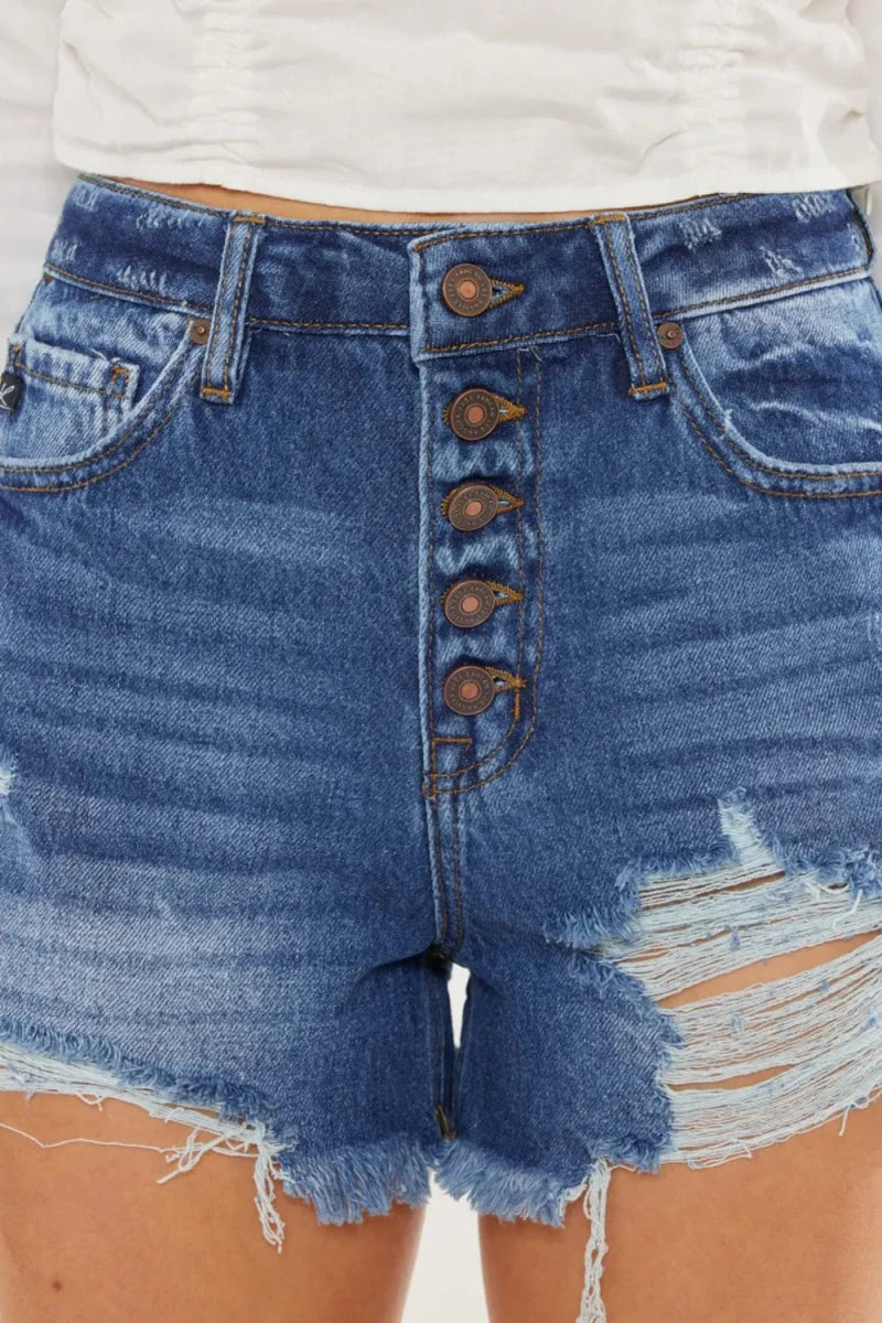Kancan Distressed Button-Fly High Waist Denim Shorts for Women