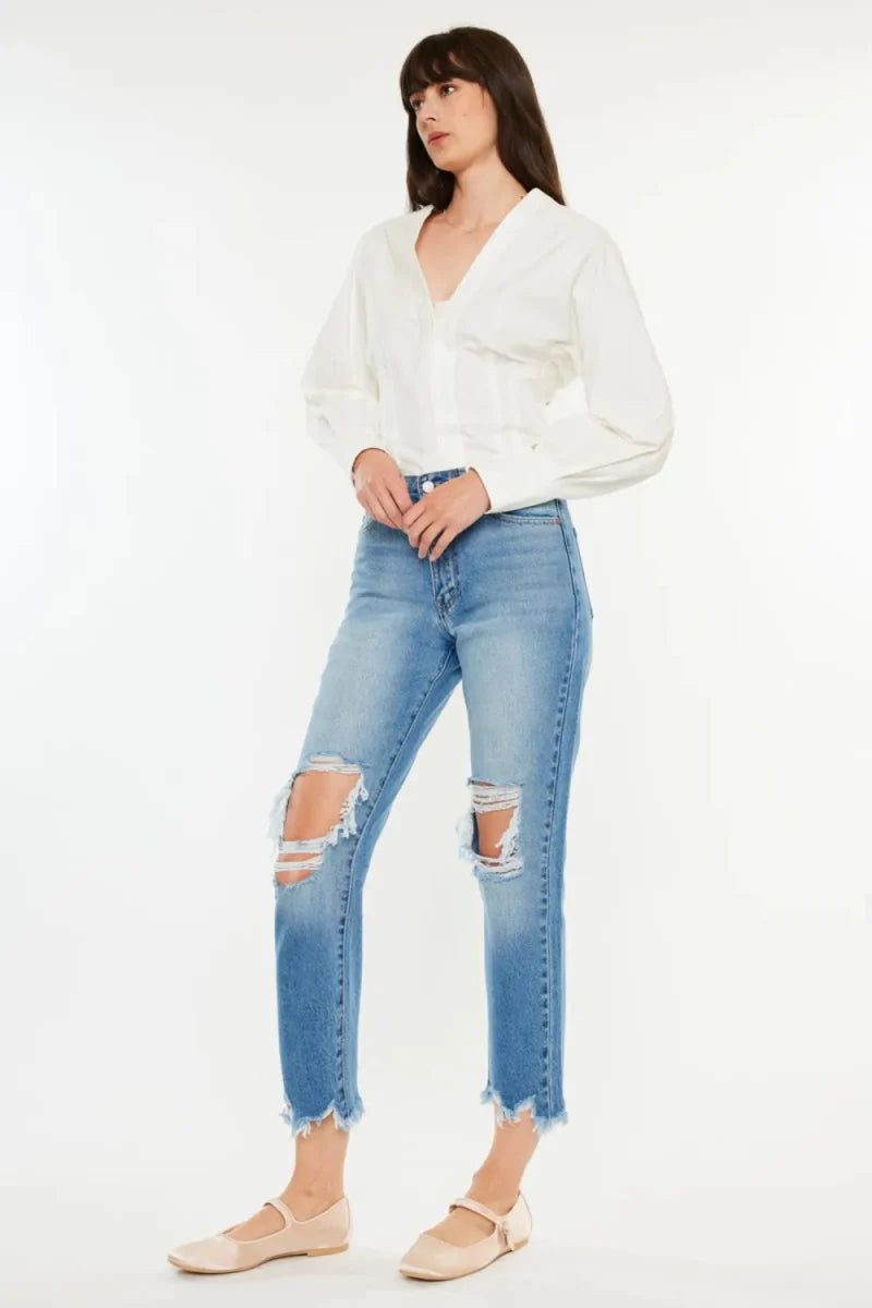Kancan Distressed Frayed Hem Cropped Jeans for Women