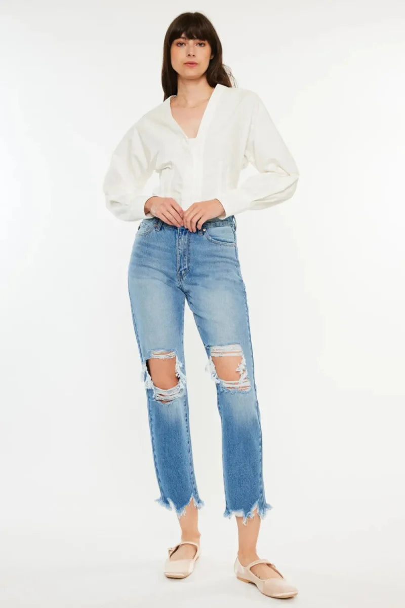 Kancan Distressed Frayed Hem Cropped Jeans for Women