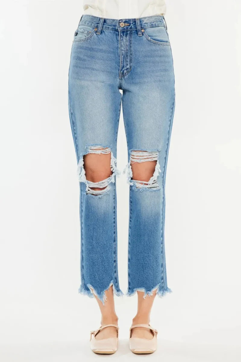 Kancan Distressed Frayed Hem Cropped Jeans for Women