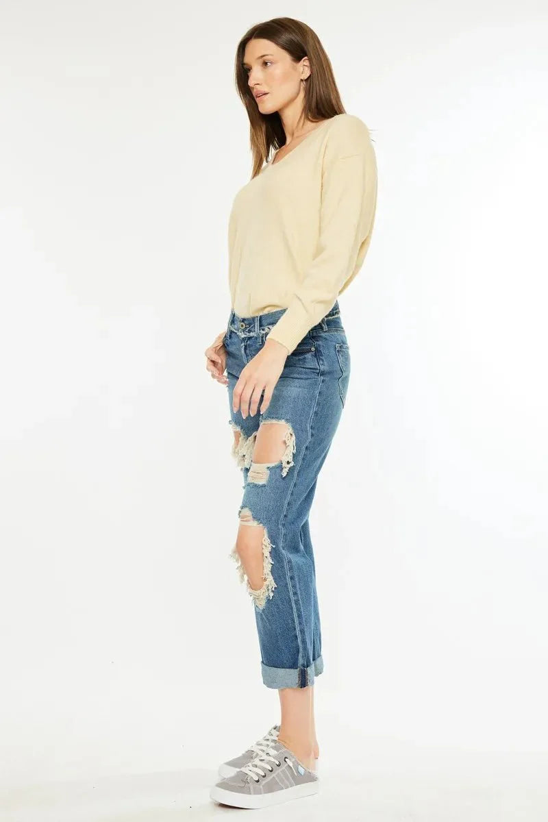 Kancan Distressed Mid Rise True Boyfriend Jeans for Women