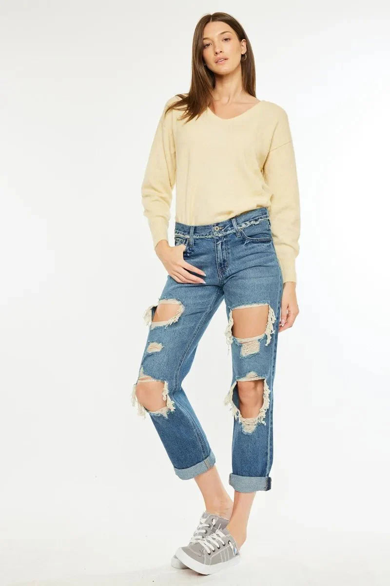 Kancan Distressed Mid Rise True Boyfriend Jeans for Women