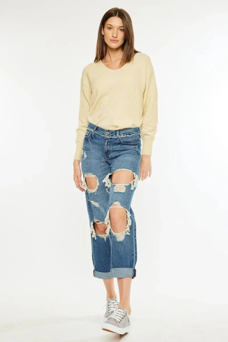 Kancan Distressed Mid Rise True Boyfriend Jeans for Women