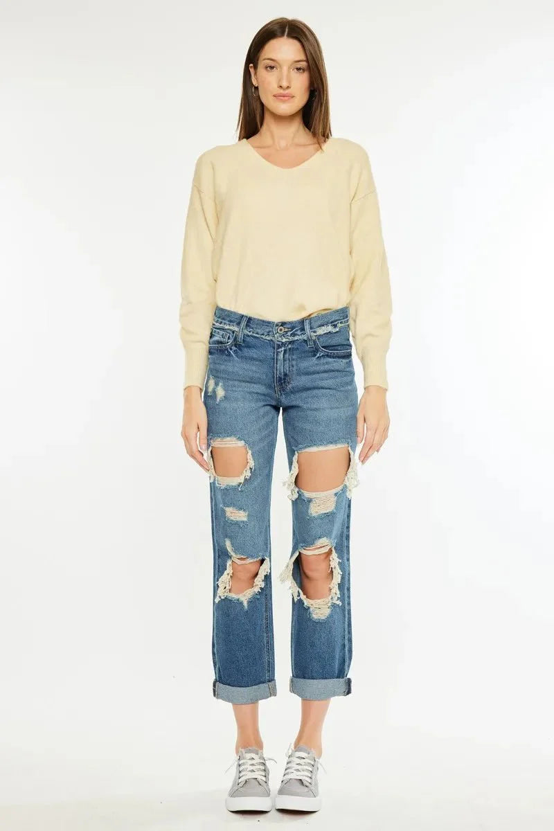 Kancan Distressed Mid Rise True Boyfriend Jeans for Women
