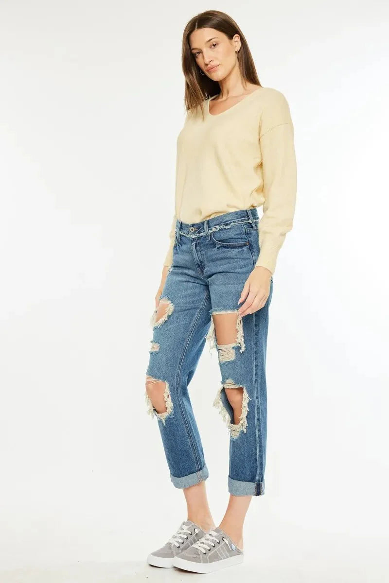Kancan Distressed Mid Rise True Boyfriend Jeans for Women
