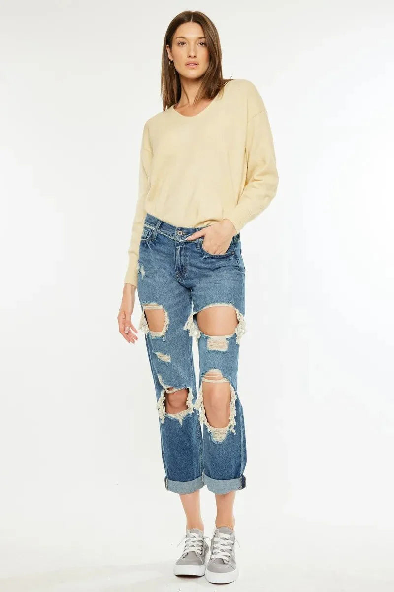 Kancan Distressed Mid Rise True Boyfriend Jeans for Women