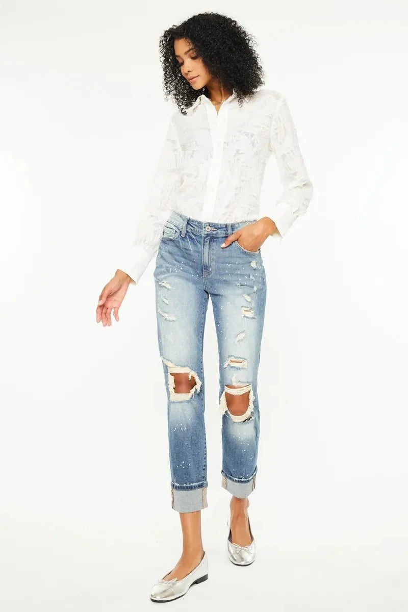 Kancan High Rise Distressed Boyfriend Fit Jeans for Women