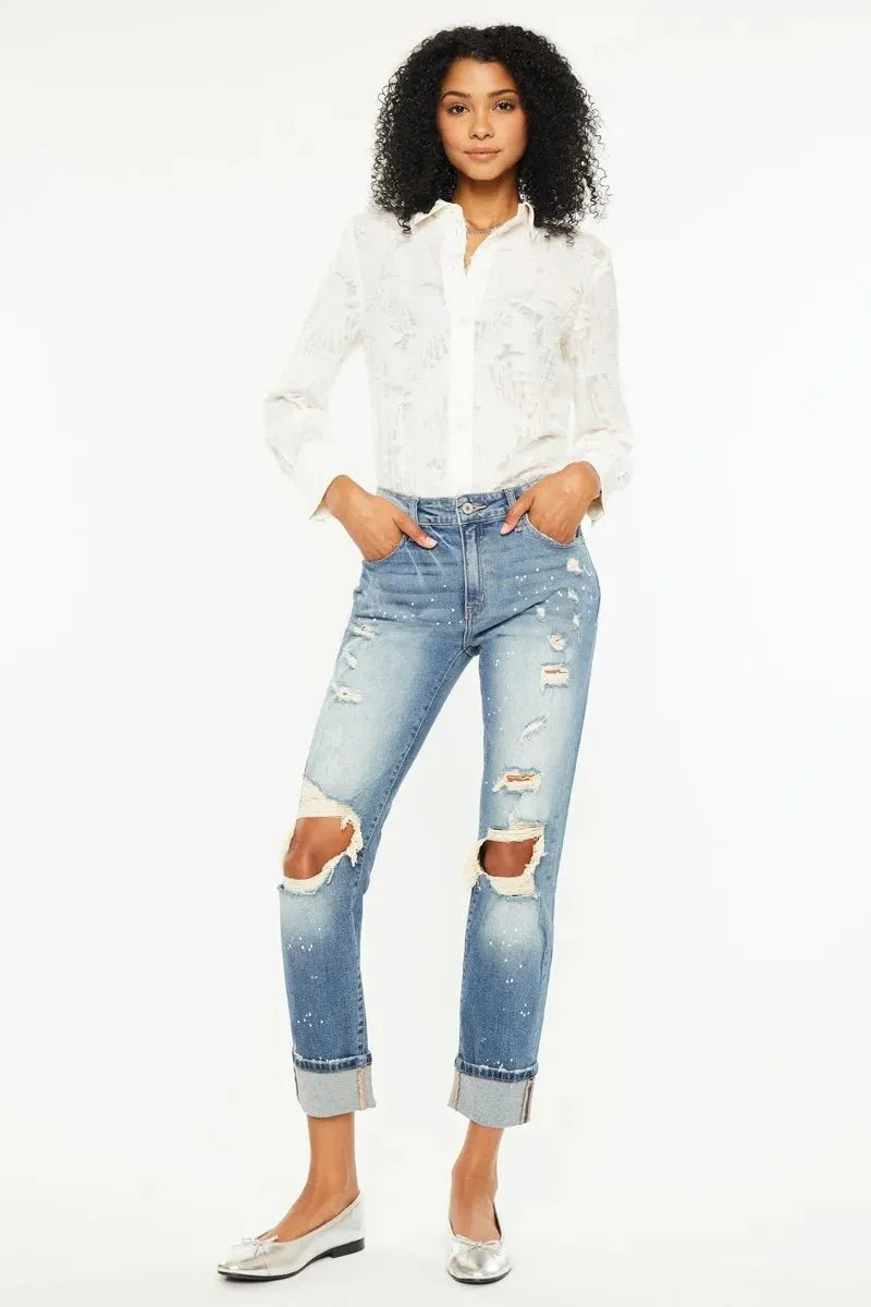 Kancan High Rise Distressed Boyfriend Fit Jeans for Women