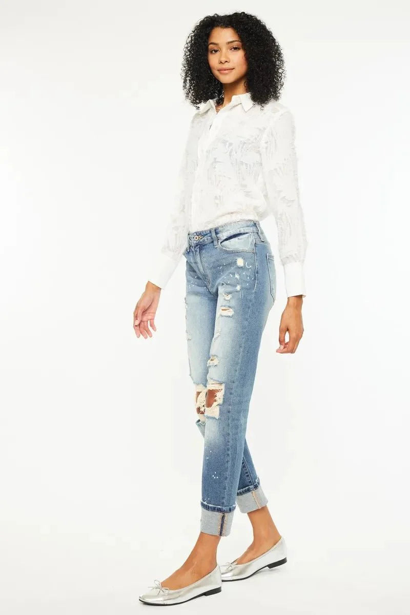 Kancan High Rise Distressed Boyfriend Fit Jeans for Women