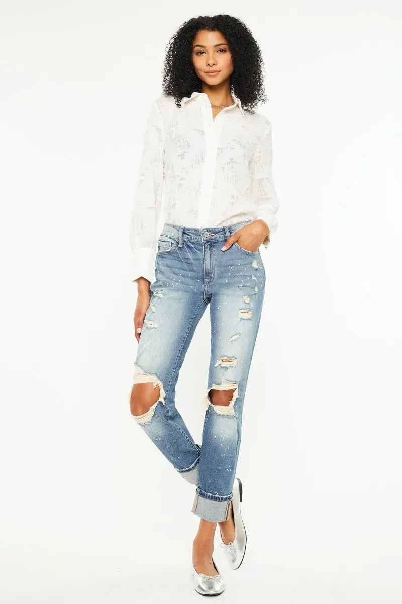 Kancan High Rise Distressed Boyfriend Fit Jeans for Women