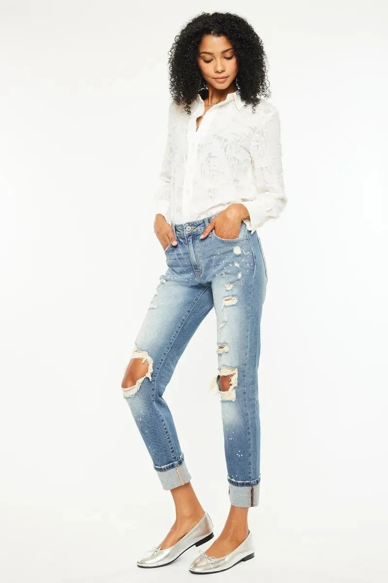 Kancan High Rise Distressed Boyfriend Fit Jeans for Women