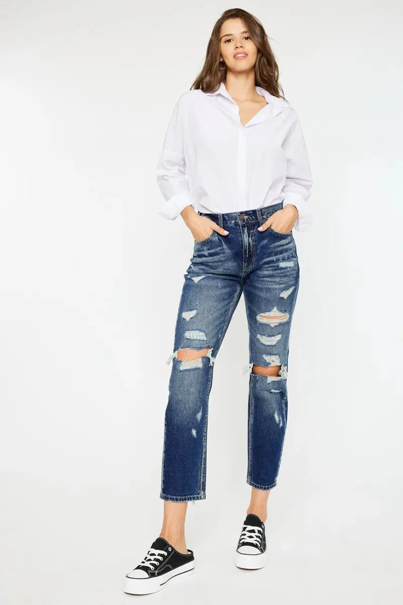 Kancan High Rise Distressed Mom Fit Jeans for Women