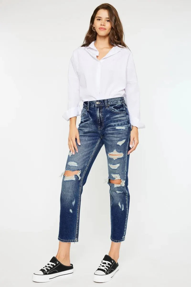 Kancan High Rise Distressed Mom Fit Jeans for Women
