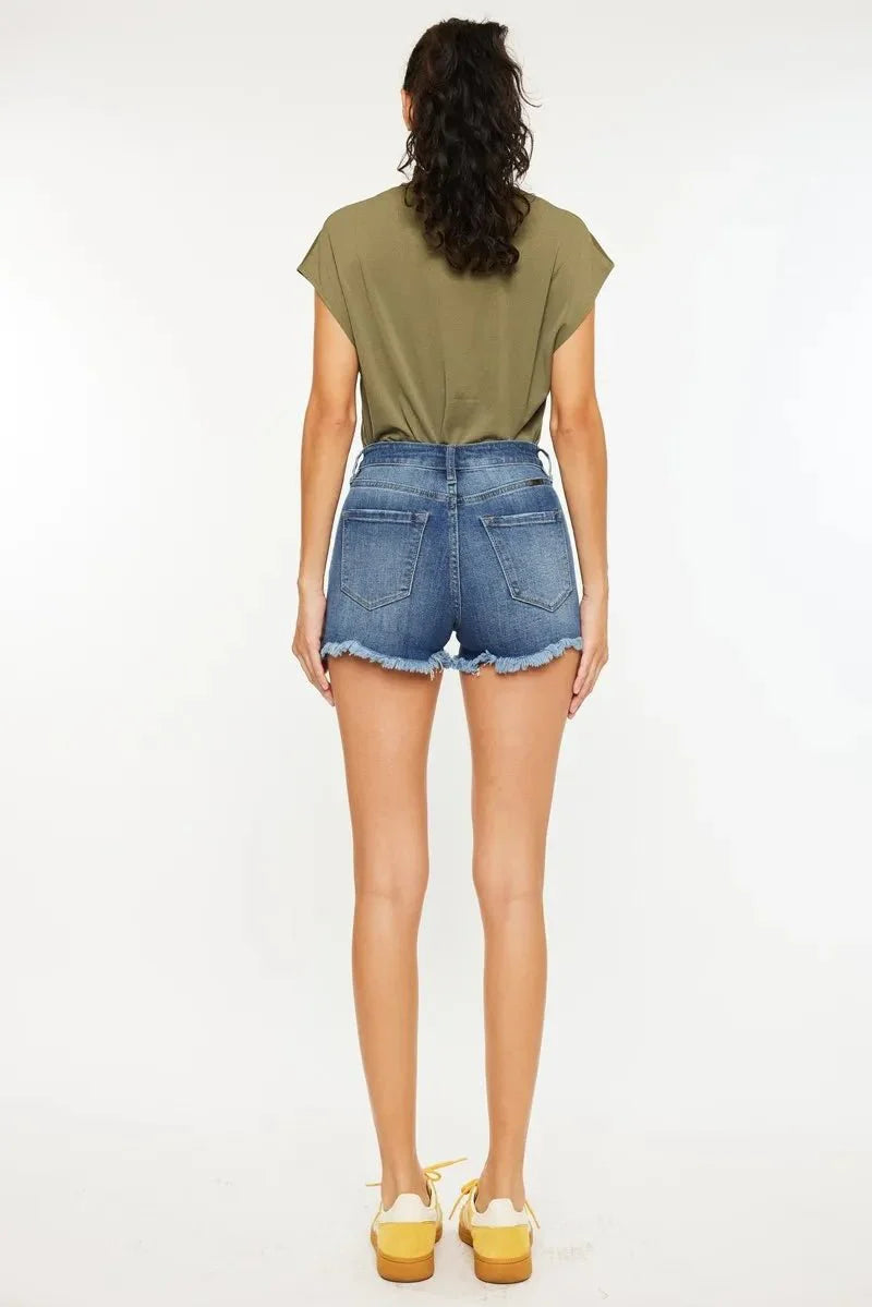 Kancan High Rise Frayed Hem Denim Shorts for Summer Style