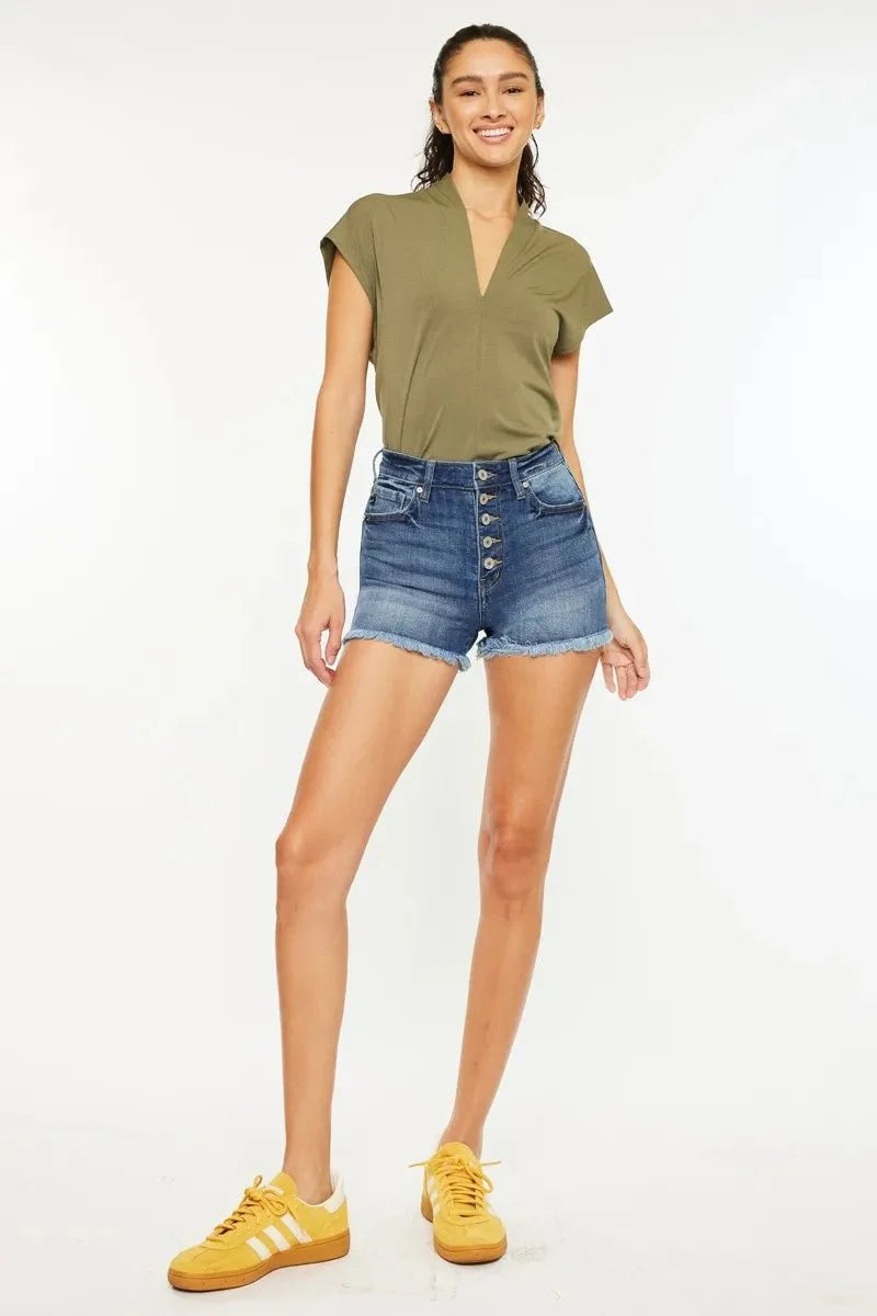 Kancan High Rise Frayed Hem Denim Shorts for Summer Style